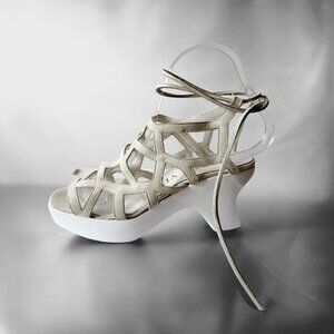 Vintage 80s Roger Vivier  Caged  Sandals on Platform Wedge, Off White Nubuk‎